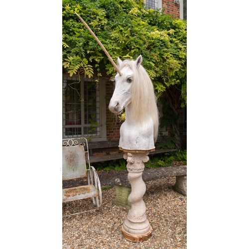 1 - AN EXCEPTIONAL MYTHICAL TAXIDERMY UNICORN PEDESTAL MOUNT.
(h 212cm x w 40cm x d 135cm)