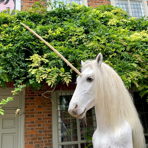 1 - AN EXCEPTIONAL MYTHICAL TAXIDERMY UNICORN PEDESTAL MOUNT.
(h 212cm x w 40cm x d 135cm)