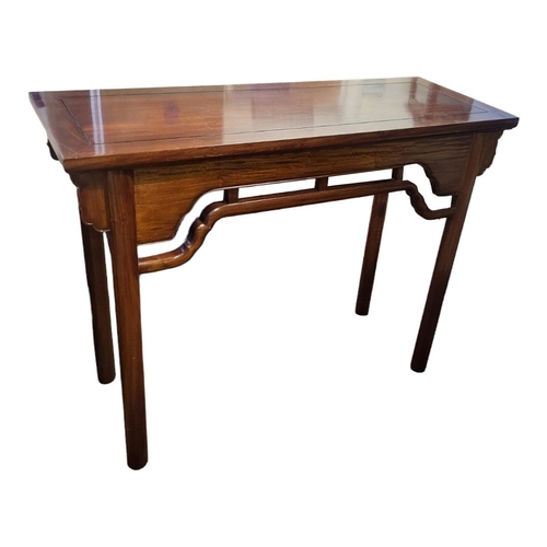 1222 - A CHINESE HARDWOOD ALTAR TABLE
The rectangular top above a pierced apron, raised on turned legs.
(12... 