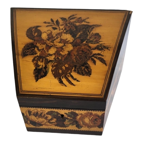704 - EDMUND NYE, 1836 - 1851, AN EARLY TUNBRIDGE WARE MAPLE AND ROSEWOOD FOUR SECTION STATIONERY BOX AND ... 
