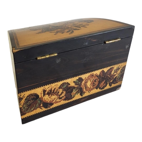 704 - EDMUND NYE, 1836 - 1851, AN EARLY TUNBRIDGE WARE MAPLE AND ROSEWOOD FOUR SECTION STATIONERY BOX AND ... 