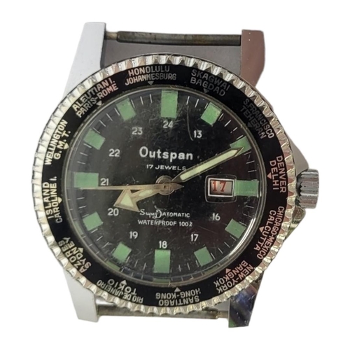 67A - OUTSPAN, A VINTAGE STAINLESS STEEL GENT’S WRISTWATCH
Enamel black bezel marked with world times, dia... 