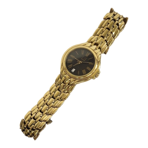 73A - DUNHILL, A VINTAGE GOLD PLATED GENTS WRISTWATCH
Having a black tone dial with calendar window and go... 