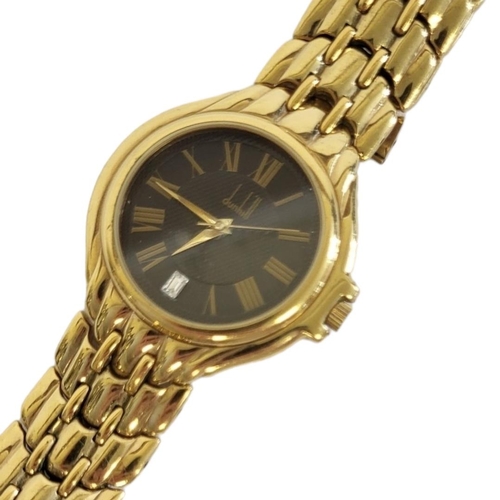 73A - DUNHILL, A VINTAGE GOLD PLATED GENTS WRISTWATCH
Having a black tone dial with calendar window and go... 