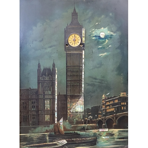 11 - VIEW OF BIG BEN, AN EDWARDIAN MOTHER OF PEARL INLAID MUSICAL CLOCK
Partially framed.
(54cm x 66cm)

... 