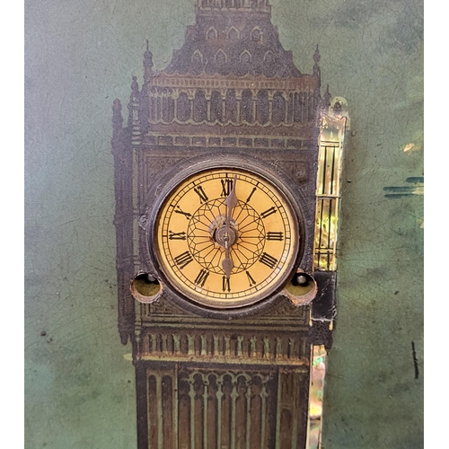 11 - VIEW OF BIG BEN, AN EDWARDIAN MOTHER OF PEARL INLAID MUSICAL CLOCK
Partially framed.
(54cm x 66cm)

... 