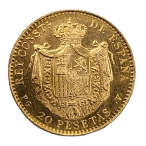 24B - A 19TH CENTURY SPANISH 22CT GOLD 20 PESETAS COIN, DATED 1887
With bust of Alfonso XIII with coat of ... 