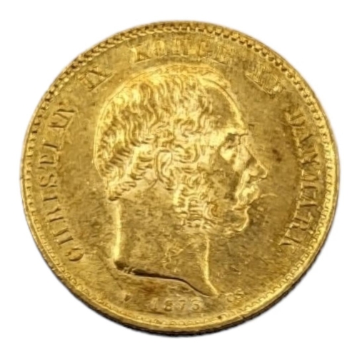 25B - A 19TH CENTURY DANISH 22CT GOLD 20 KRONER COIN, DATED 1873 
With bust of King Christian IX and seate... 