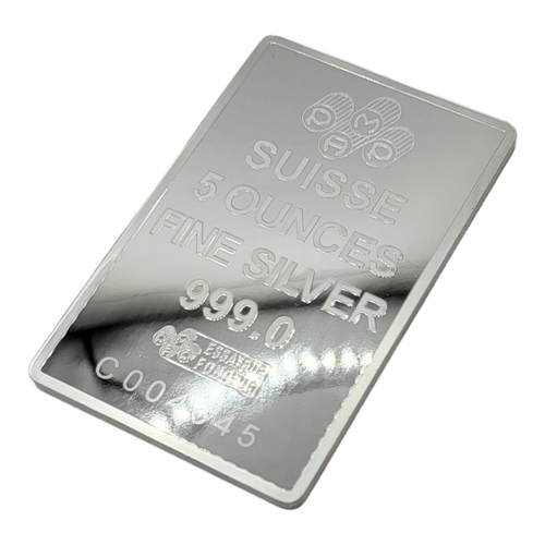 52A - PAMP, A 5OZ SILVER RECTANGULAR BULLION BAR
Bearing The Lady Fortuna design to reverse, in a protecti... 