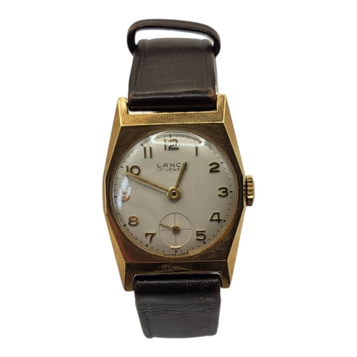 54A - AN ART DECO SWISS LANCO 17 JEWELS 9CT GOLD CASED MANUAL WRISTWATCH
Silvered dial, Arabic numerals, s... 