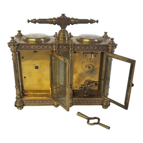 6 - A LATE 19TH/EARLY 20TH CENTURY FRENCH GILT BRASS CARRIAGE CLOCK, BAROMETER, THERMOMETER AND COMPASS ... 