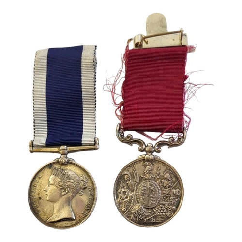 65 - A PAIR OF SILVER VICTORIAN NAVAL AND ARMY WAR MEDALS FOR LONG SERVICE AND GOOD CONDUCT WITH CLASP & ... 