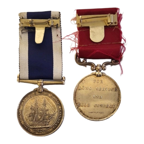 65 - A PAIR OF SILVER VICTORIAN NAVAL AND ARMY WAR MEDALS FOR LONG SERVICE AND GOOD CONDUCT WITH CLASP & ... 