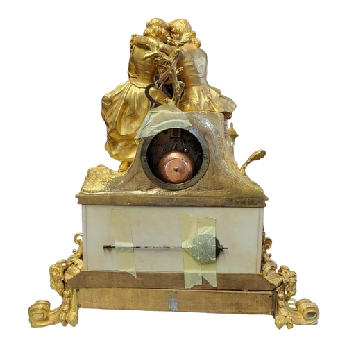 8 - A 19TH CENTURY FRENCH FIGURAL ORMOLU AND MARBLE CLOCK
With white enamelled dial, the elaborate base ... 