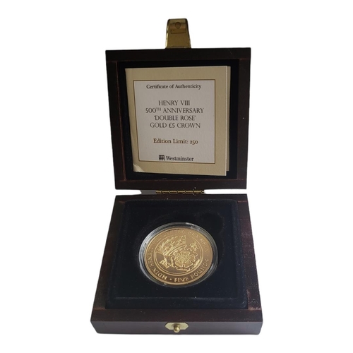 70B - A 22CT GOLD 'DOUBLE ROSE' FIVE POUND PROOF COIN, DATED 2009 
Titled 'Henry VIII 500th Anniversary Do... 