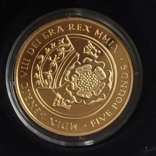 70B - A 22CT GOLD 'DOUBLE ROSE' FIVE POUND PROOF COIN, DATED 2009 
Titled 'Henry VIII 500th Anniversary Do... 