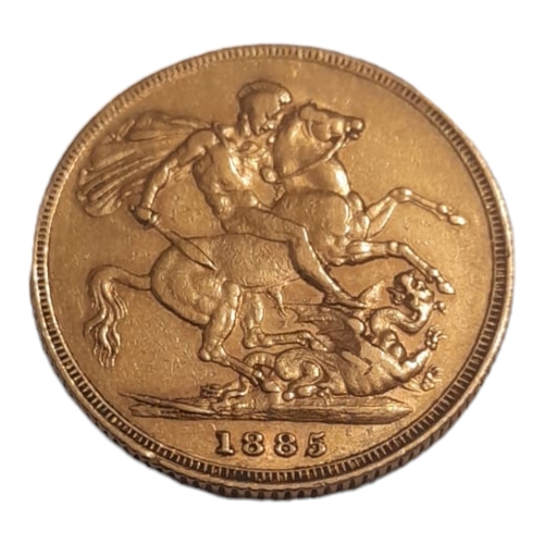 69B - A VICTORIAN 22ct GOLD FULL SOVEREIGN COIN,dated 1885 with young Queen Victoria bust and George and D... 