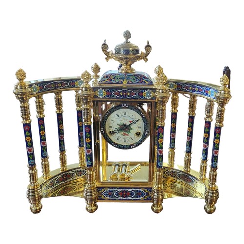 332 - A LARGE FRENCH 19TH CENTURY STYLE GILDED AND ENAMELLED CLOISONNÉ MANTLE CLOCK
With a central urn fin... 