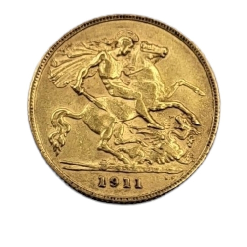 102 - A 22CT GOLD HALF SOVEREIGN
With a George V portrait bust, dated 1911, St. George and dragon verso.