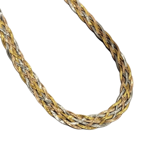 13 - A VINTAGE 14CT BI COLOUR GOLD NECKLACE
Fine pierced ropework design.
(approx 45cm)

Condition: good