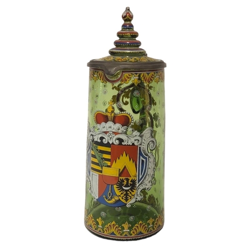 195 - WITHDRAWN!! A LARGE LATE 19TH/EARLY 20TH CENTURY AUSTRIAN GREEN GLASS AND ENAMEL ARMORIAL TANKARD 
H... 