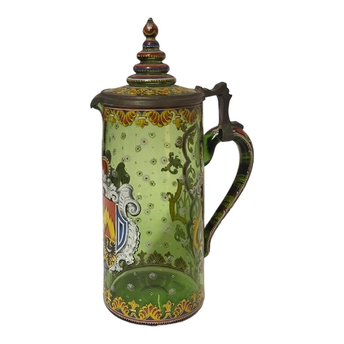 195 - WITHDRAWN!! A LARGE LATE 19TH/EARLY 20TH CENTURY AUSTRIAN GREEN GLASS AND ENAMEL ARMORIAL TANKARD 
H... 