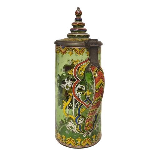 195 - WITHDRAWN!! A LARGE LATE 19TH/EARLY 20TH CENTURY AUSTRIAN GREEN GLASS AND ENAMEL ARMORIAL TANKARD 
H... 