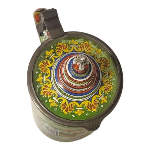 195 - WITHDRAWN!! A LARGE LATE 19TH/EARLY 20TH CENTURY AUSTRIAN GREEN GLASS AND ENAMEL ARMORIAL TANKARD 
H... 