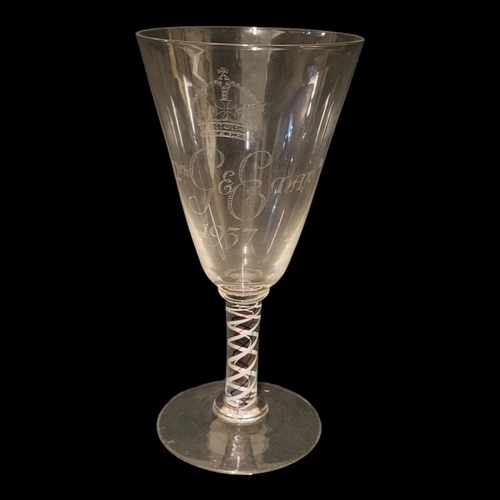 198 - A LARGE EARLY 20TH CENTURY COMMEMORATIVE AIR TWIST GLASS GOBLET
The trumpet form bowl engraved with ... 