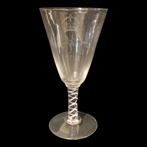 198 - A LARGE EARLY 20TH CENTURY COMMEMORATIVE AIR TWIST GLASS GOBLET
The trumpet form bowl engraved with ... 