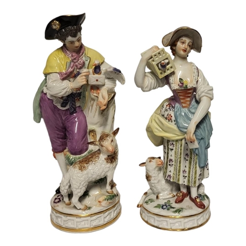 208 - A PAIR OF LATE 19TH/EARLY 20TH CENTURY MEISSEN PORCELAIN SHEPHERD AND SHEPHERDESS FIGURINES
Female w... 