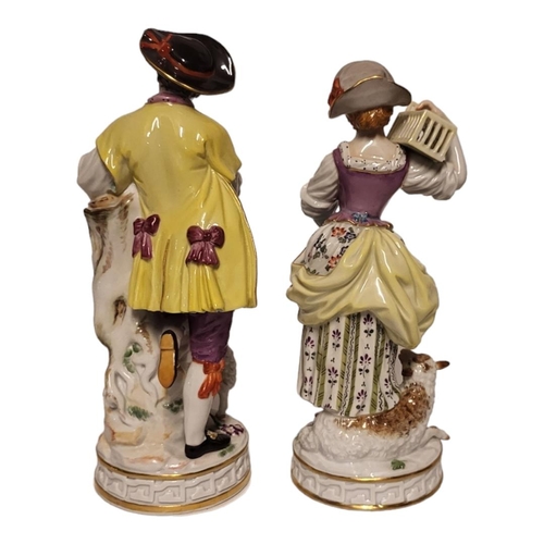 208 - A PAIR OF LATE 19TH/EARLY 20TH CENTURY MEISSEN PORCELAIN SHEPHERD AND SHEPHERDESS FIGURINES
Female w... 