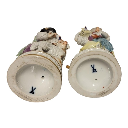208 - A PAIR OF LATE 19TH/EARLY 20TH CENTURY MEISSEN PORCELAIN SHEPHERD AND SHEPHERDESS FIGURINES
Female w... 