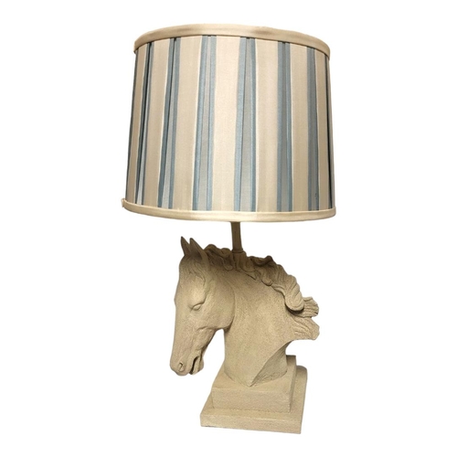 213 - LAURA ASHLEY, COMPOSITION LAMP BASE MOULDED AS A HORSE HEAD
With matching shade.
(h 53cm with shade)