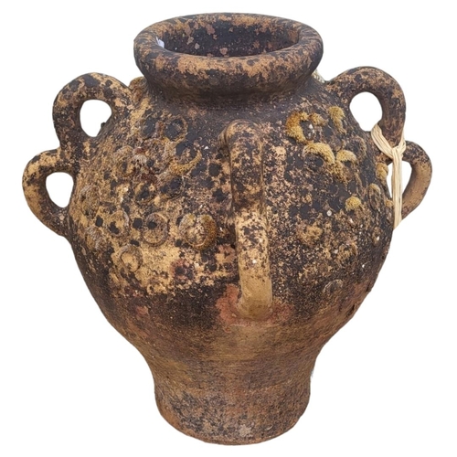 219 - A 20TH CENTURY ROMAN AMPHORA STYLE FONT HANDLED TERRACOTTA GARDEN VASE.
(h 53cm)