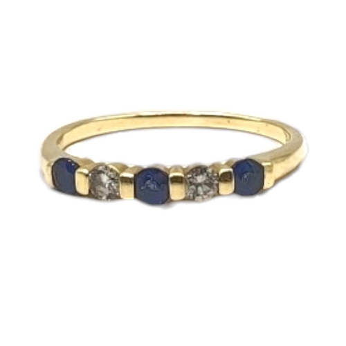 24 - A VINTAGE 14CT GOLD, SAPPHIRE AND DIAMOND THREE STONE RING
Having a row of round cut sapphires inter... 