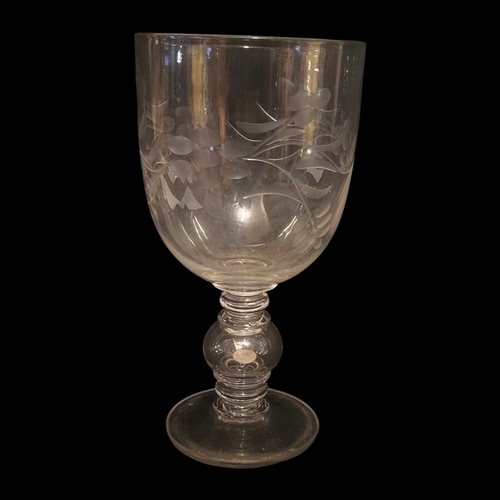 240 - A FINE MID 19TH CENTURY ENGLISH GLASS PRESENTATION RUMMER, CIRCA 1860
Cup bowl engraved with frieze ... 