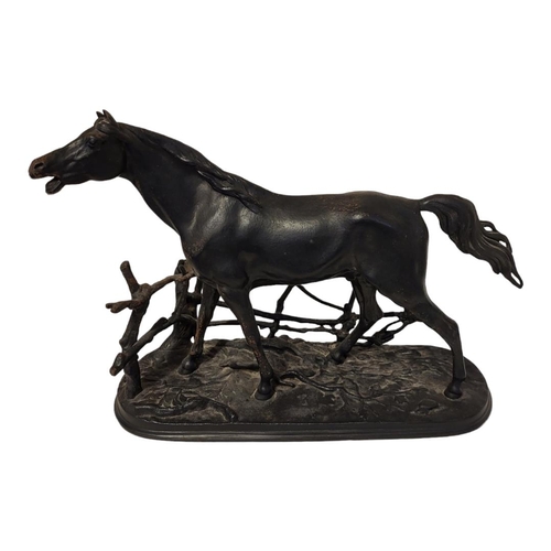 241 - A 20TH CENTURY RUSSIAN CAST IRON EQUESTRIAN FIGURE 
The single horse in standing pose with trellis f... 