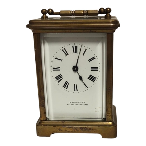256 - A 20TH CENTURY GILT BRASS CARRIAGE CLOCK
Single handle and four bevelled glass panels, marked to dia... 