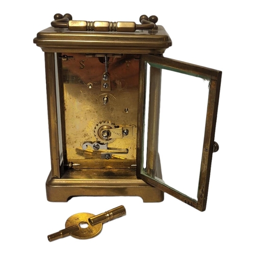 256 - A 20TH CENTURY GILT BRASS CARRIAGE CLOCK
Single handle and four bevelled glass panels, marked to dia... 