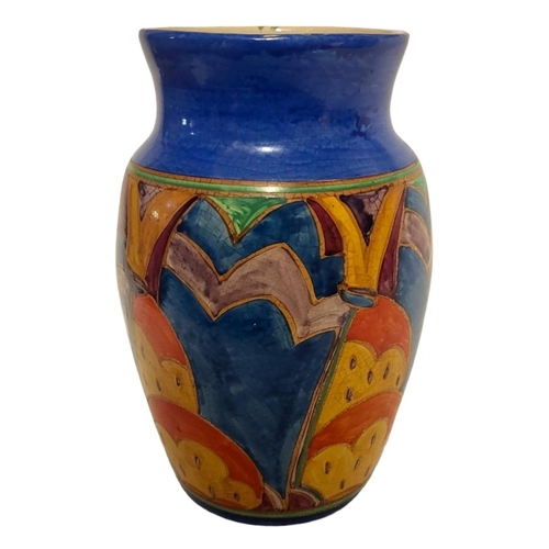 267 - CANFORD, AN ART DECO OVOID FORM POTTERY VASE 
Hand painted decoration on blue ground, marked to base... 
