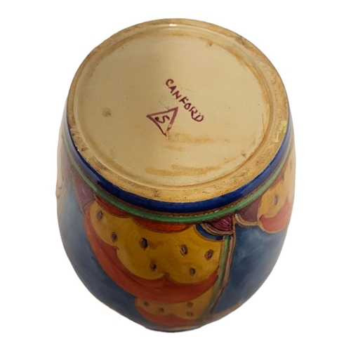 267 - CANFORD, AN ART DECO OVOID FORM POTTERY VASE 
Hand painted decoration on blue ground, marked to base... 