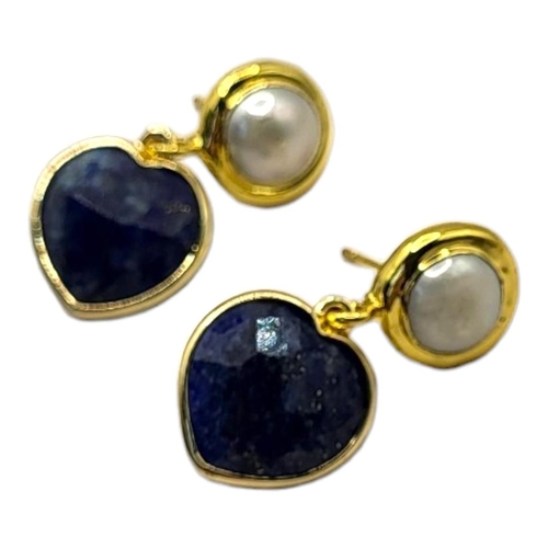 28 - A PAIR OF YELLOW METAL AND LAPIS LAZULI EARRINGS
Faceted heart form stone with simulated pearl mount... 