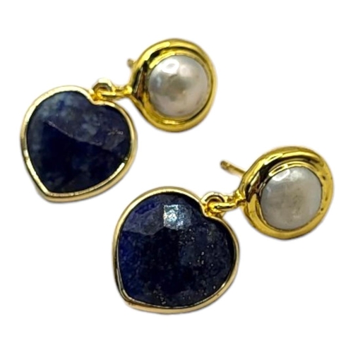 28 - A PAIR OF YELLOW METAL AND LAPIS LAZULI EARRINGS
Faceted heart form stone with simulated pearl mount... 