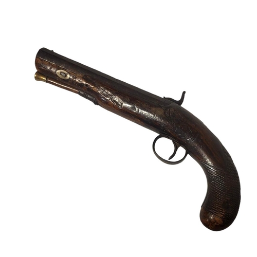 298 - DAVIS, A LATE 18TH/EARLY 19TH CENTURY PERCUSSION CAP PISTOL
Having a steel barrel and engraved lock ... 