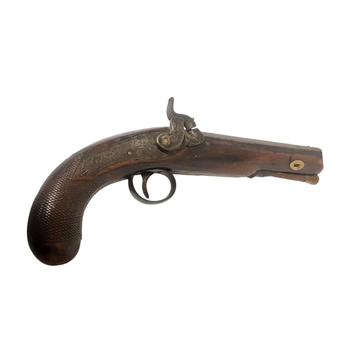 298 - DAVIS, A LATE 18TH/EARLY 19TH CENTURY PERCUSSION CAP PISTOL
Having a steel barrel and engraved lock ... 