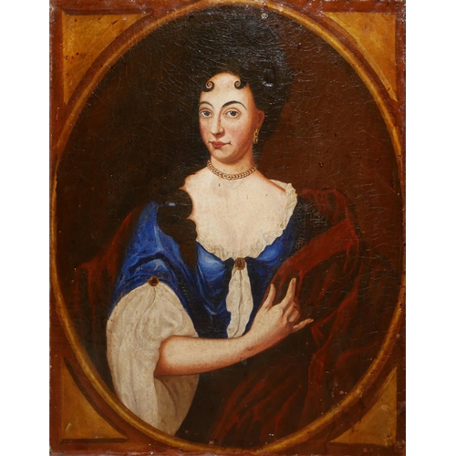 410 - A LATE 18TH/EARLY 19TH CENTURY FRENCH OIL ON CANVAS, PORTRAIT OF A FEMALE FIGURE IN PERIOD BLUE ROBE... 