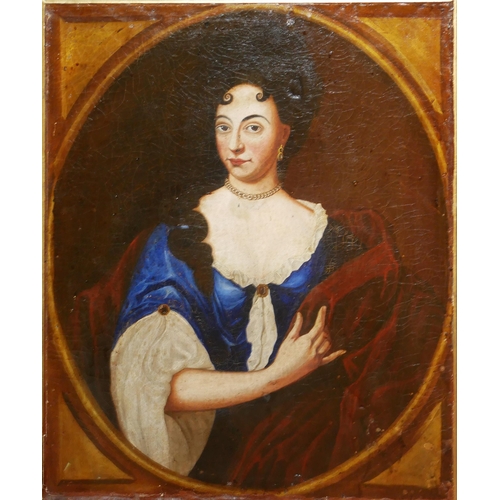 410 - A LATE 18TH/EARLY 19TH CENTURY FRENCH OIL ON CANVAS, PORTRAIT OF A FEMALE FIGURE IN PERIOD BLUE ROBE... 