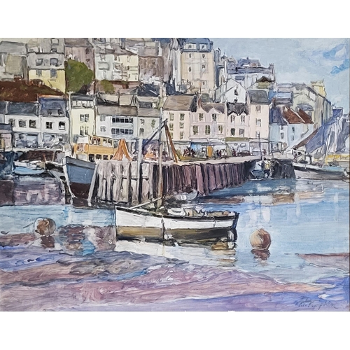 412 - ALFRED PERCY TOMPKIN, FL. 1936 - 1950, OIL ON BOARD 
Harbour scene, titled ‘Brixham Harbour Devon’, ... 