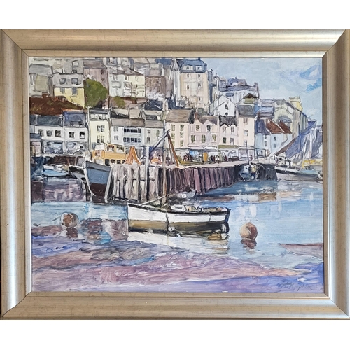 412 - ALFRED PERCY TOMPKIN, FL. 1936 - 1950, OIL ON BOARD 
Harbour scene, titled ‘Brixham Harbour Devon’, ... 